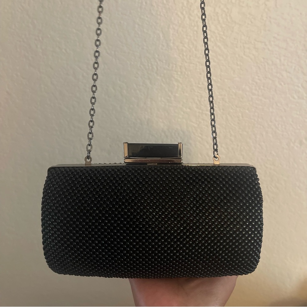Jessica McClintock Black Beaded Evening Purse Clutch Shoulder Bag Chain